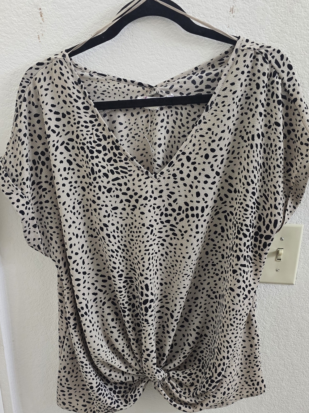 Hippie Rose Beige & Black Dotted V-Neck Twist Front Top